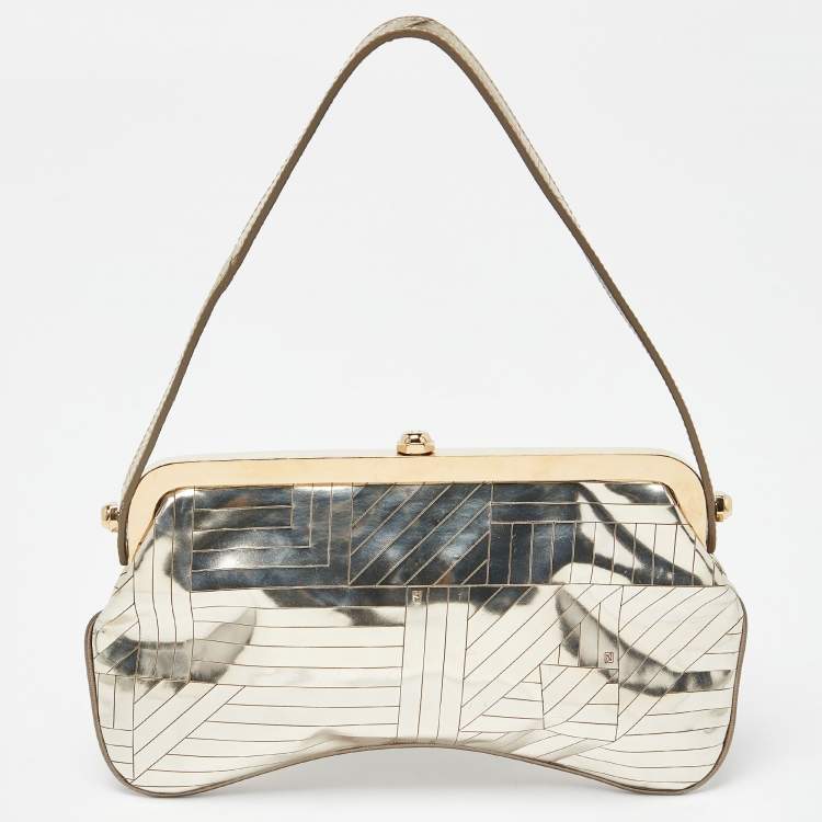 Pre Owned Fendi Gold Laminated Leather Vanity Mirror Clutch