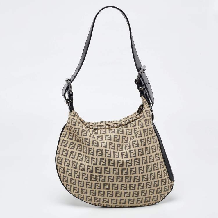 Pre Owned Fendi Beige/Black Zucchino Canvas and Leather Oyster Hobo