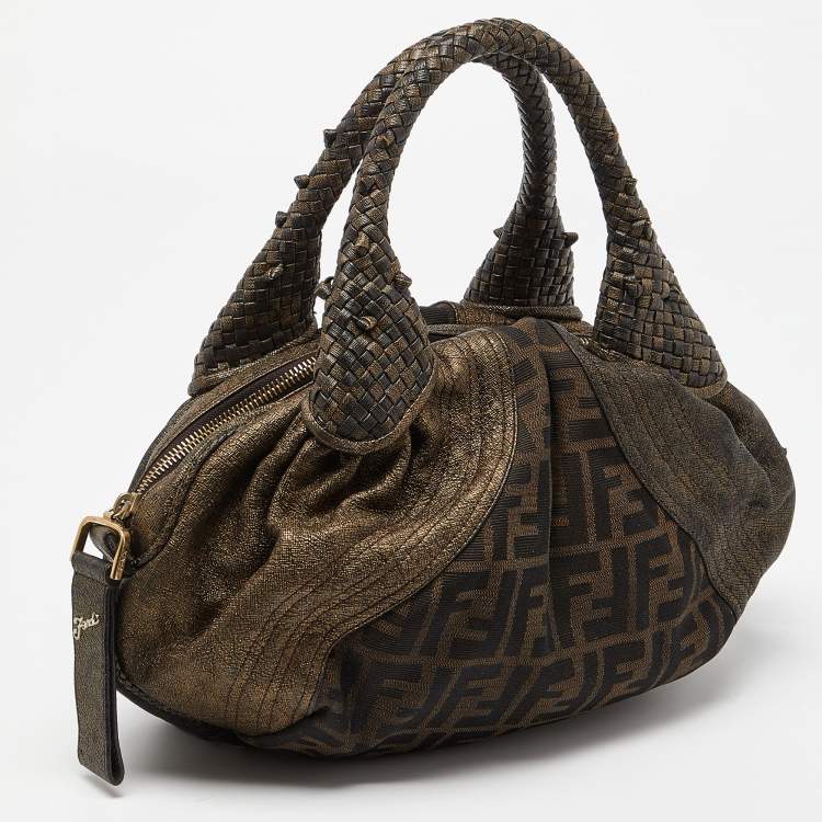Pre Owned Fendi Metallic/Brown Zucca Coated Canvas and Fabric Mini Spy Hobo 
