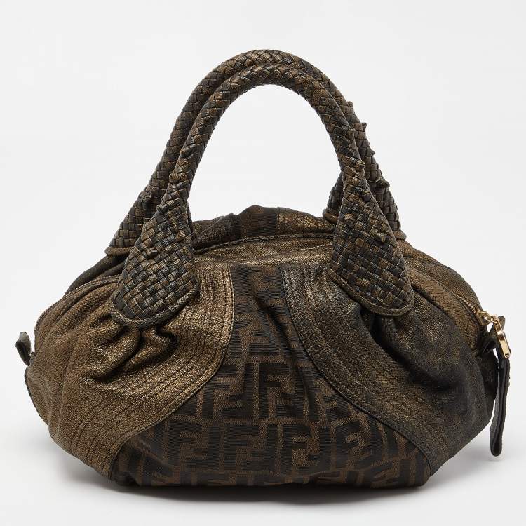 Pre Owned Fendi Metallic/Brown Zucca Coated Canvas and Fabric Mini Spy Hobo 
