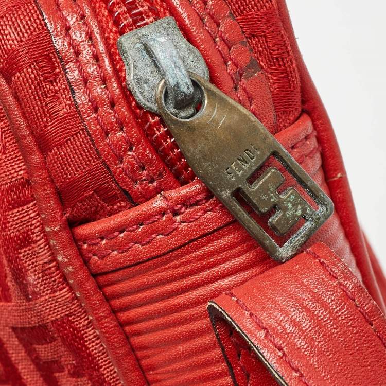 Pre Owned Fendi Red Zucchino Canvas and Leather Crossbody Bag