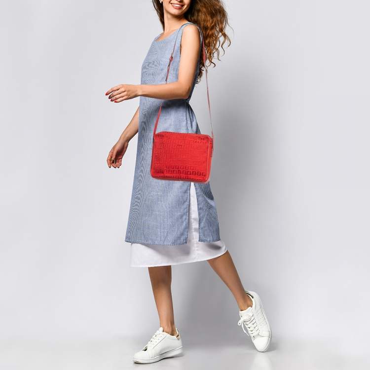 Pre Owned Fendi Red Zucchino Canvas and Leather Crossbody Bag