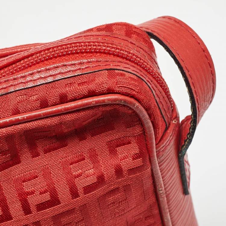 Pre Owned Fendi Red Zucchino Canvas and Leather Crossbody Bag