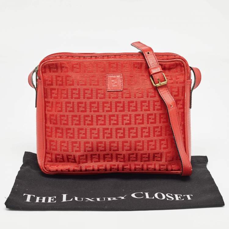 Pre Owned Fendi Red Zucchino Canvas and Leather Crossbody Bag