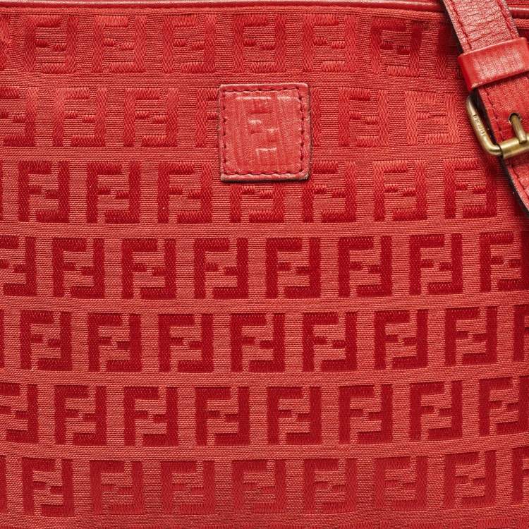 Pre Owned Fendi Red Zucchino Canvas and Leather Crossbody Bag