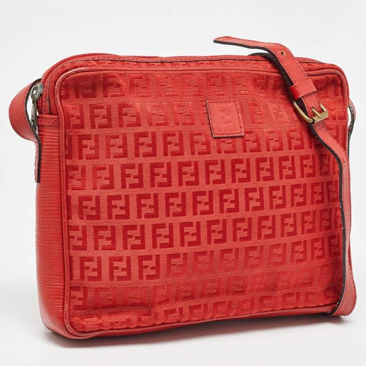 Pre Owned Fendi Red Zucchino Canvas and Leather Crossbody Bag