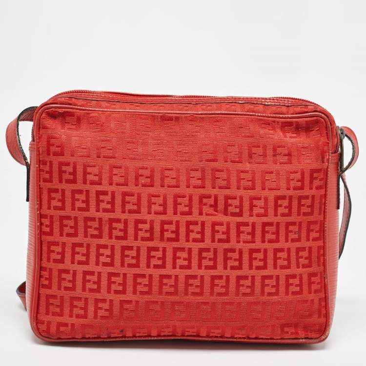 Pre Owned Fendi Red Zucchino Canvas and Leather Crossbody Bag