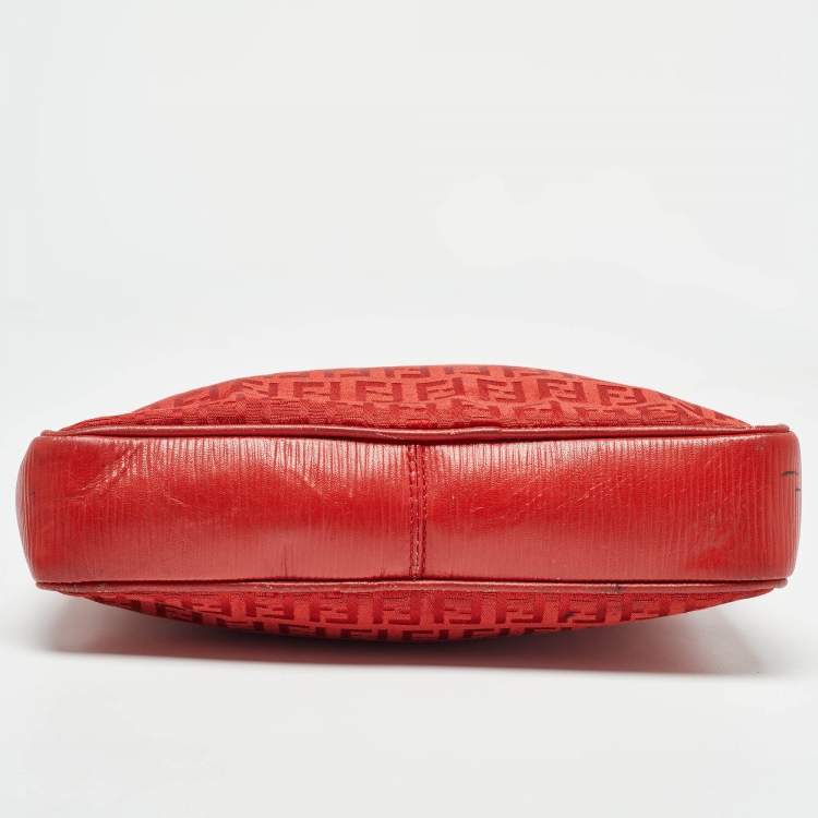 Pre Owned Fendi Red Zucchino Canvas and Leather Crossbody Bag