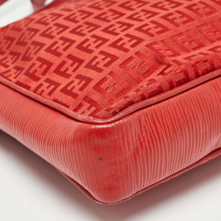 Pre Owned Fendi Red Zucchino Canvas and Leather Crossbody Bag