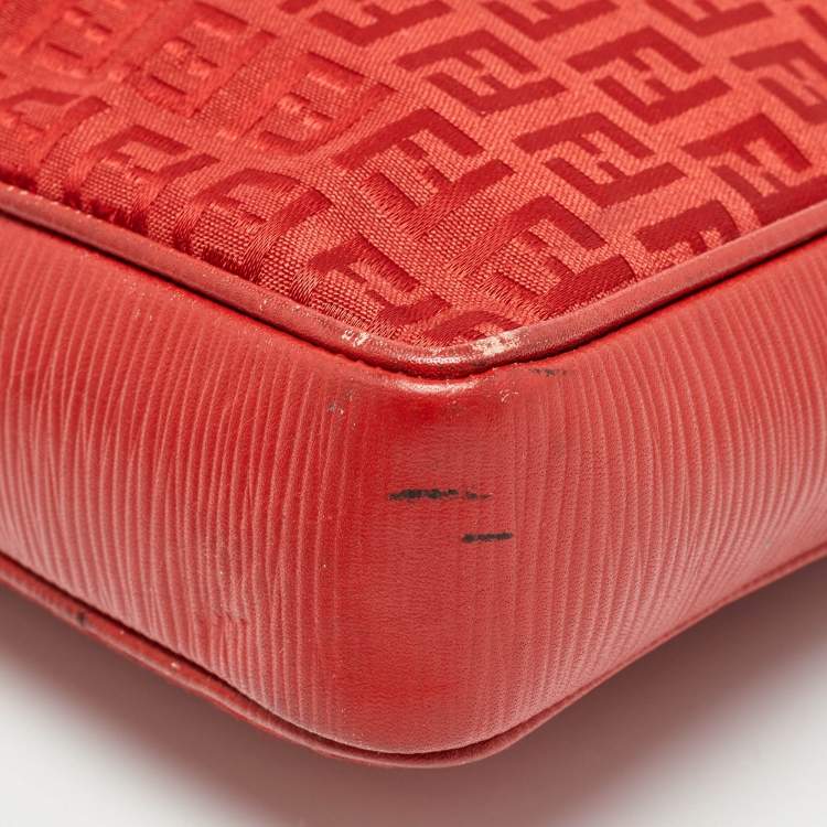 Pre Owned Fendi Red Zucchino Canvas and Leather Crossbody Bag