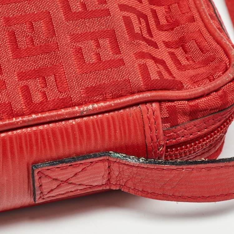 Pre Owned Fendi Red Zucchino Canvas and Leather Crossbody Bag