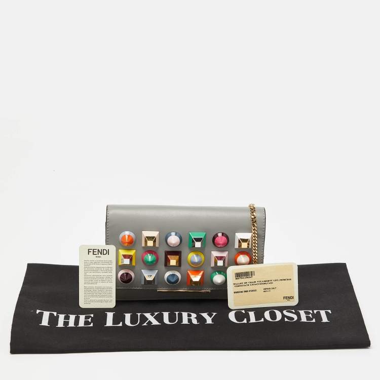 Pre Owned Fendi Grey Leather Rainbow Stud Tube Wallet On Chain