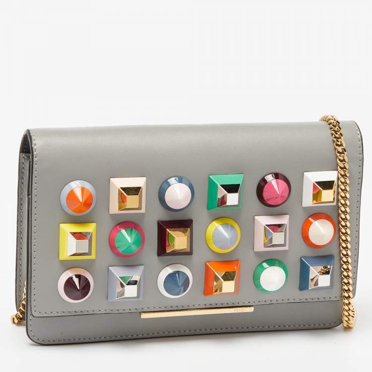 Pre Owned Fendi Grey Leather Rainbow Stud Tube Wallet On Chain