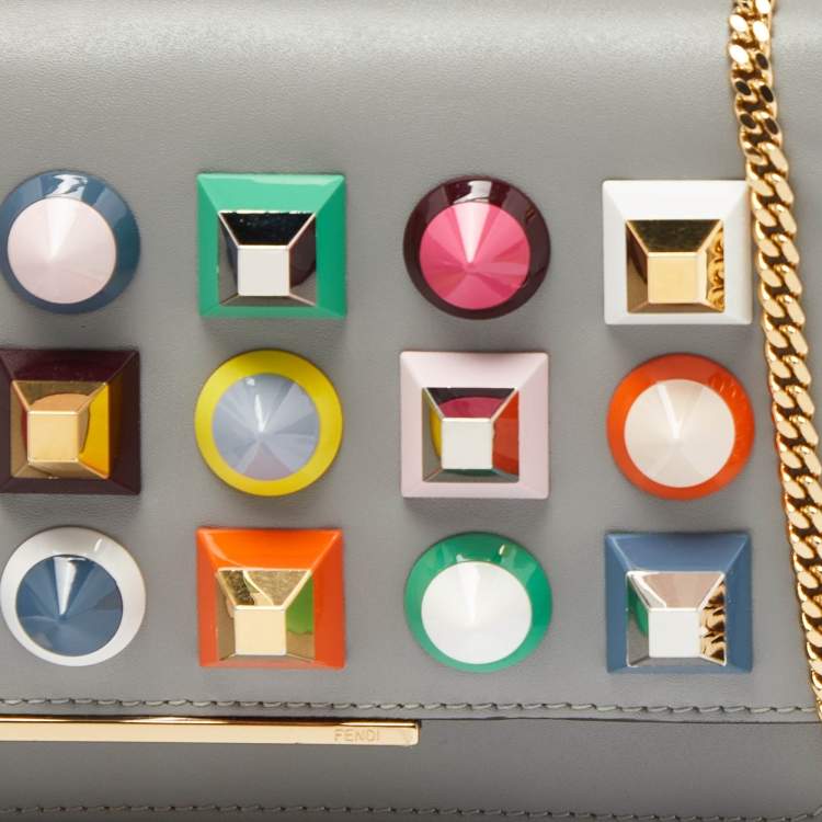 Pre Owned Fendi Grey Leather Rainbow Stud Tube Wallet On Chain