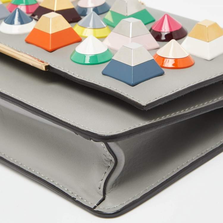 Pre Owned Fendi Grey Leather Rainbow Stud Tube Wallet On Chain