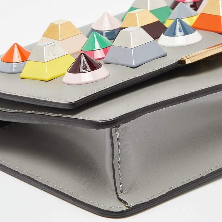 Pre Owned Fendi Grey Leather Rainbow Stud Tube Wallet On Chain
