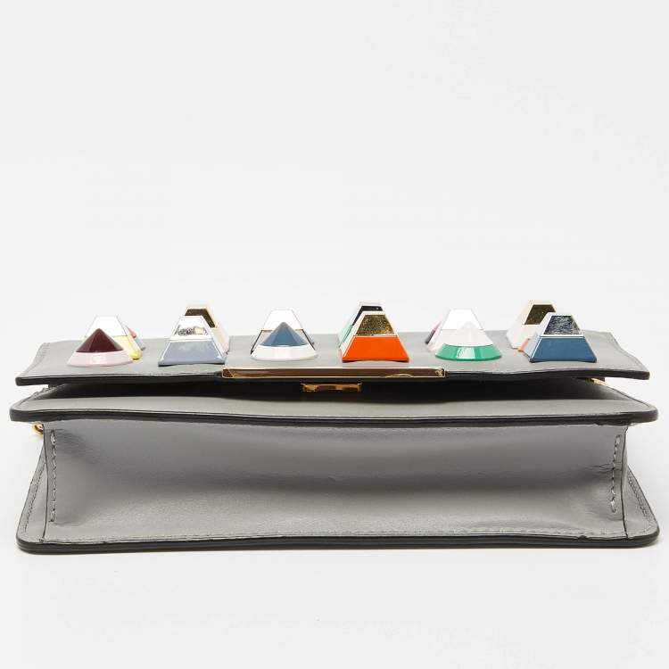 Pre Owned Fendi Grey Leather Rainbow Stud Tube Wallet On Chain