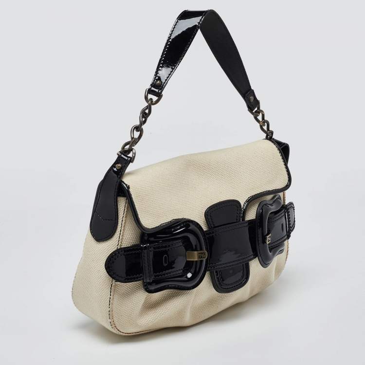 Pre Owned Fendi Cream/Black Canvas and Patent Leather B Shoulder Bag