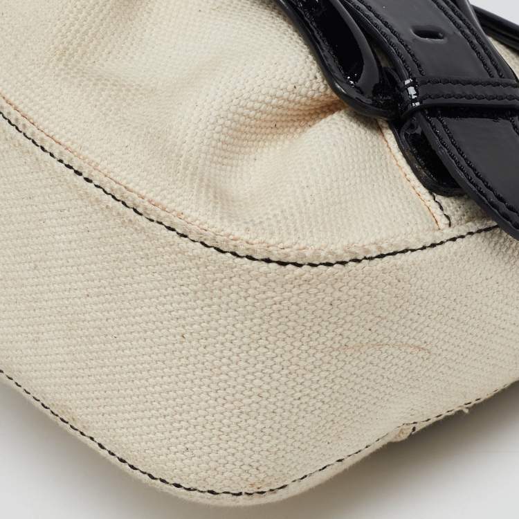 Pre Owned Fendi Cream/Black Canvas and Patent Leather B Shoulder Bag
