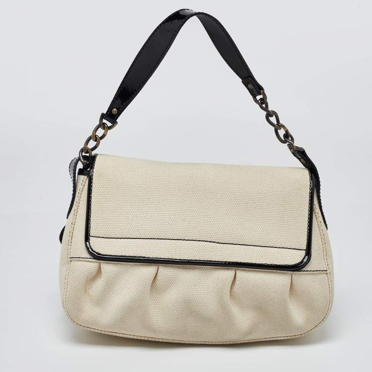 Pre Owned Fendi Cream/Black Canvas and Patent Leather B Shoulder Bag