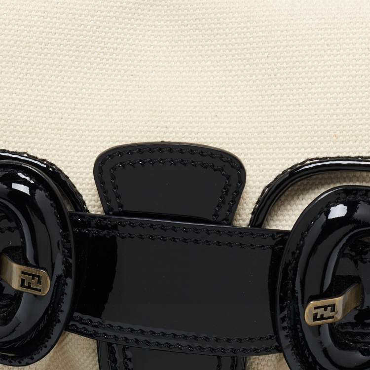 Pre Owned Fendi Cream/Black Canvas and Patent Leather B Shoulder Bag