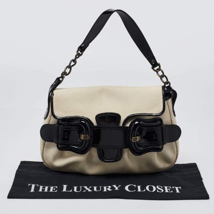 Pre Owned Fendi Cream/Black Canvas and Patent Leather B Shoulder Bag