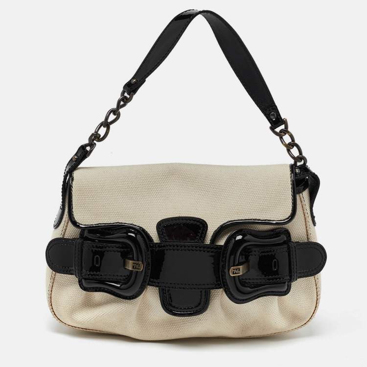 Pre Owned Fendi Cream/Black Canvas and Patent Leather B Shoulder Bag