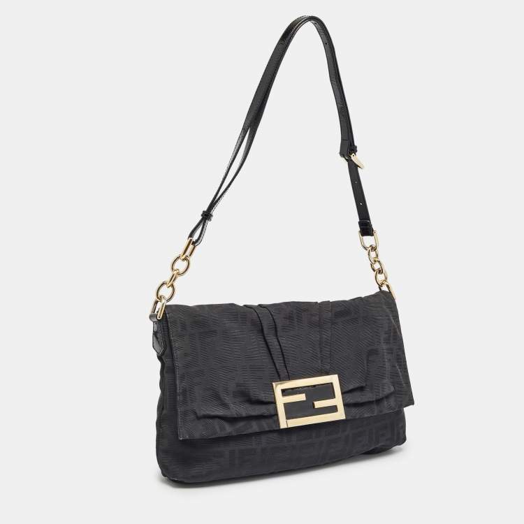 Pre Owned Fendi Black Zucca Canvas and Patent Leather Mia Flap Bag