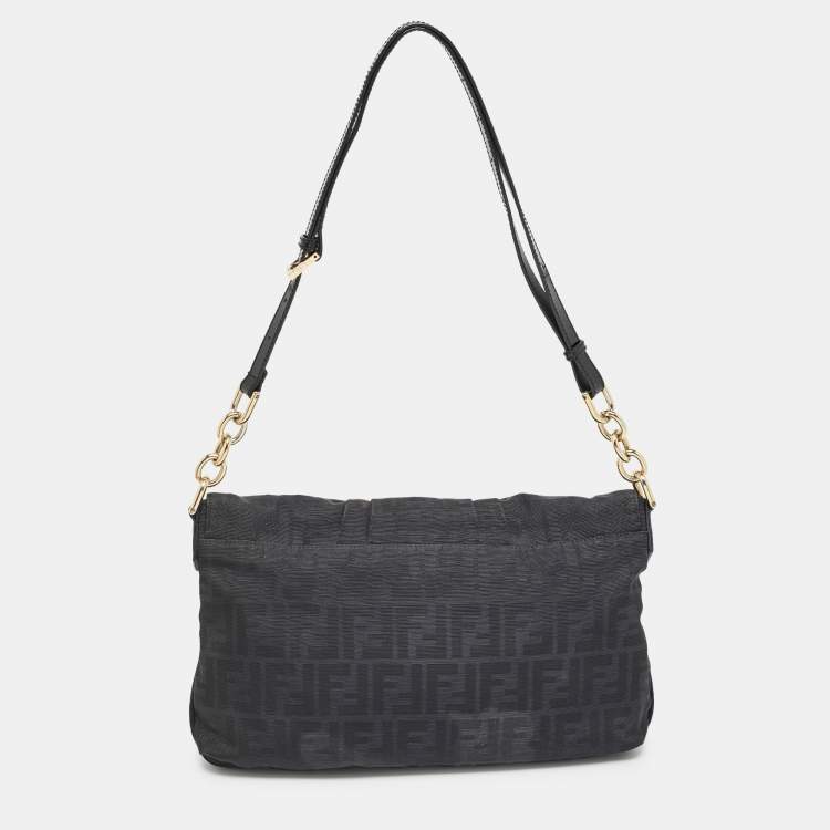 Pre Owned Fendi Black Zucca Canvas and Patent Leather Mia Flap Bag