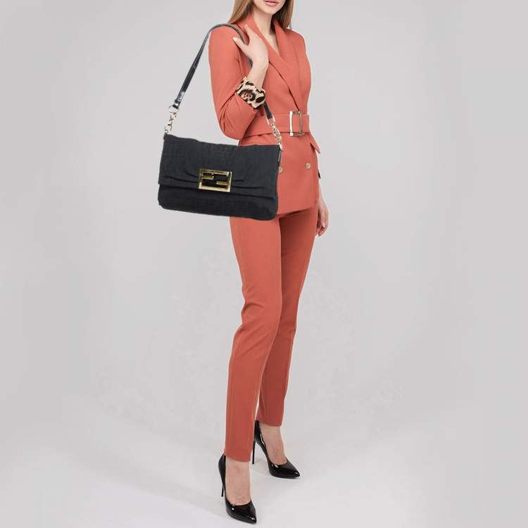 Pre Owned Fendi Black Zucca Canvas and Patent Leather Mia Flap Bag