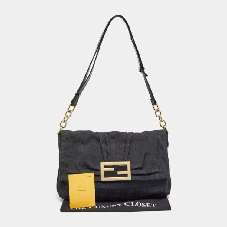 Pre Owned Fendi Black Zucca Canvas and Patent Leather Mia Flap Bag