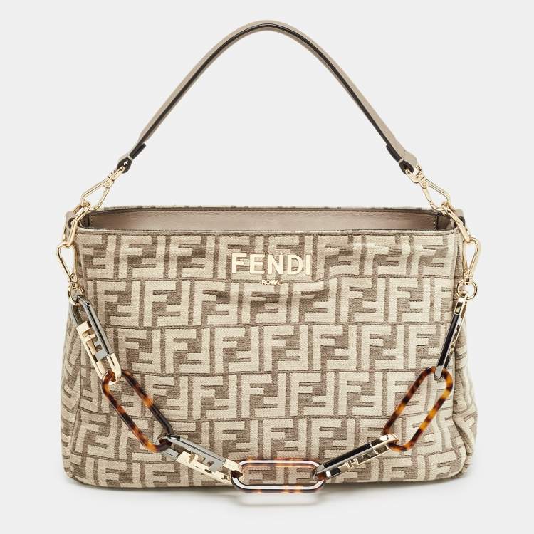 Pre Owned Fendi Beige Zucca Velvet and Leather O'Lock Zipper Top Handle Bag