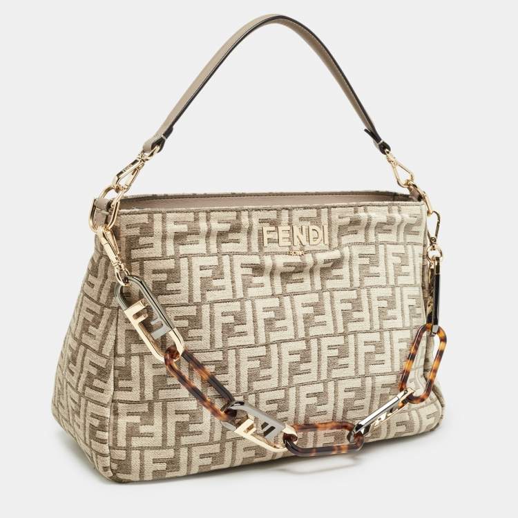 Pre Owned Fendi Beige Zucca Velvet and Leather O'Lock Zipper Top Handle Bag
