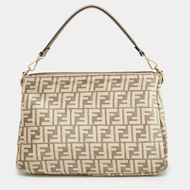 Pre Owned Fendi Beige Zucca Velvet and Leather O'Lock Zipper Top Handle Bag