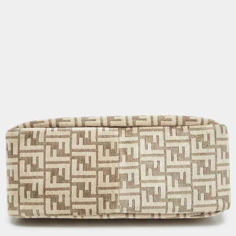 Pre Owned Fendi Beige Zucca Velvet and Leather O'Lock Zipper Top Handle Bag