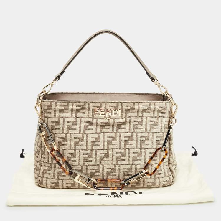 Pre Owned Fendi Beige Zucca Velvet and Leather O'Lock Zipper Top Handle Bag