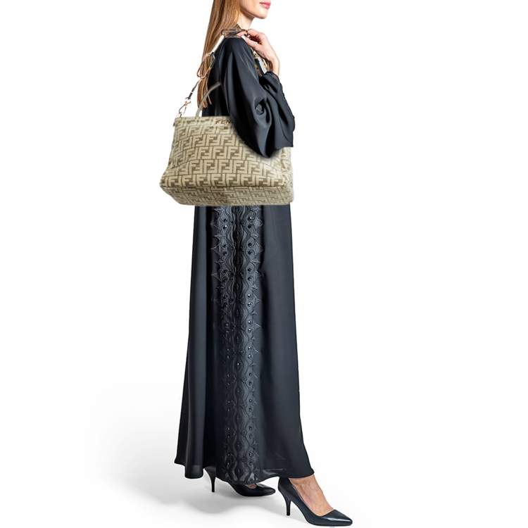 Pre Owned Fendi Beige Zucca Velvet and Leather O'Lock Zipper Top Handle Bag