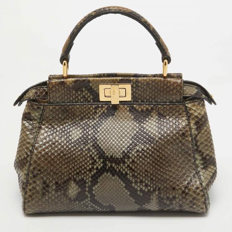 مملوكة مسبقًا Fendi Olive Green Python Mini Peekaboo Top Handle Bag