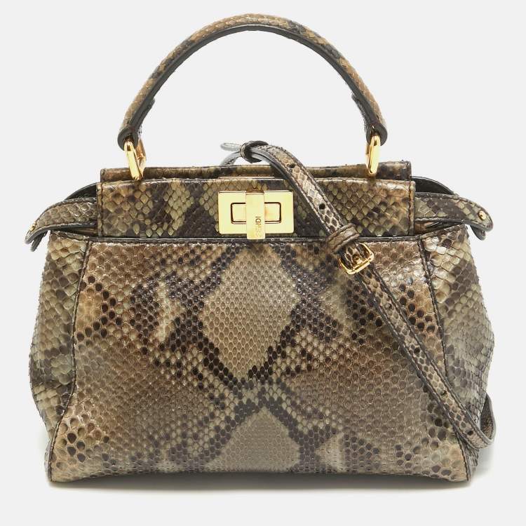 مملوكة مسبقًا Fendi Olive Green Python Mini Peekaboo Top Handle Bag