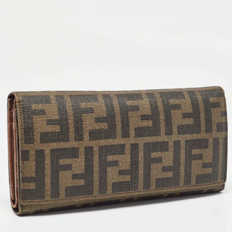 Pre Owned Fendi Tobacco Zucca Coated Canvas Trifold Flap Continental Wallet
