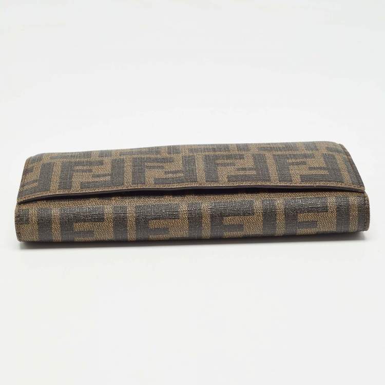 Pre Owned Fendi Tobacco Zucca Coated Canvas Trifold Flap Continental Wallet