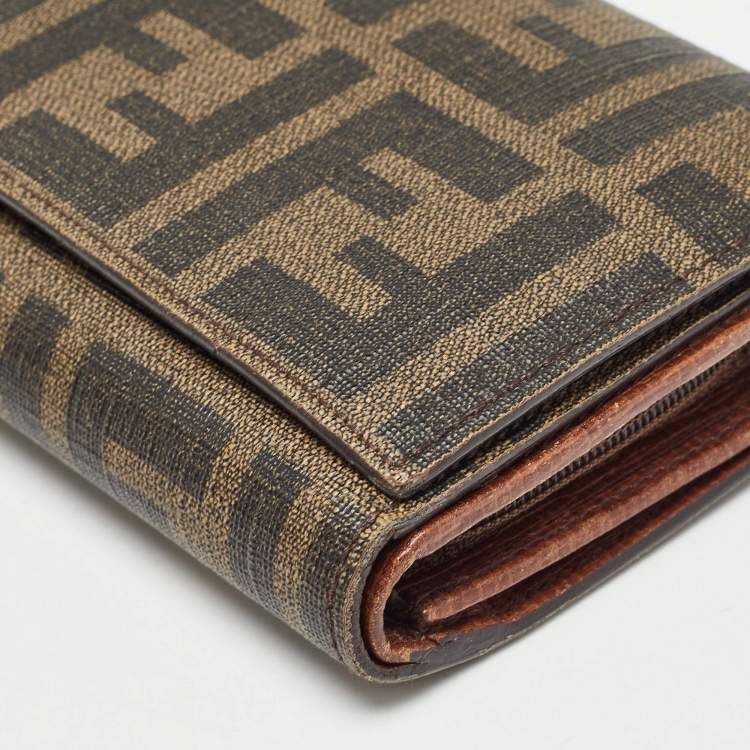Pre Owned Fendi Tobacco Zucca Coated Canvas Trifold Flap Continental Wallet