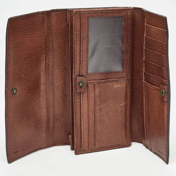 Pre Owned Fendi Tobacco Zucca Coated Canvas Trifold Flap Continental Wallet