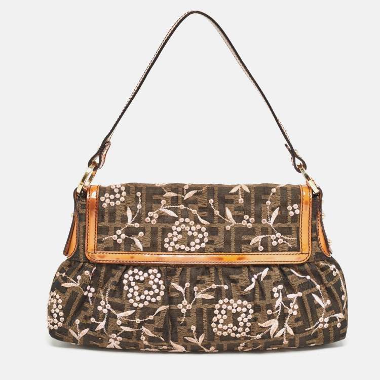 Pre Owned Fendi Tobacco Zucca Canvas and Patent Leather Embroidered Chef Shoulder Bag
