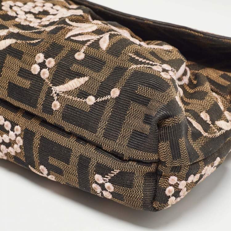 Pre Owned Fendi Tobacco Zucca Canvas and Patent Leather Embroidered Chef Shoulder Bag