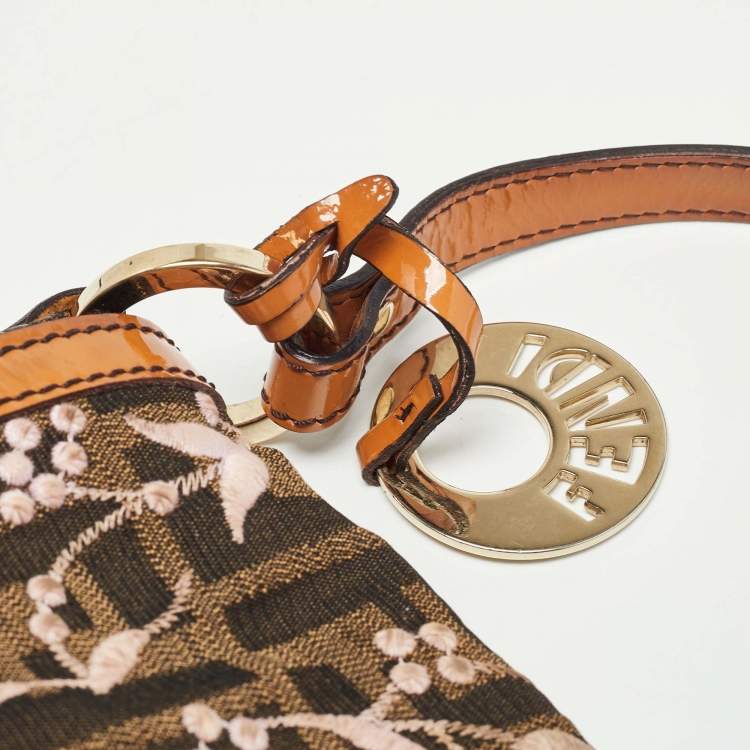 Pre Owned Fendi Tobacco Zucca Canvas and Patent Leather Embroidered Chef Shoulder Bag