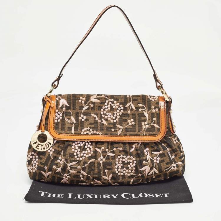 Pre Owned Fendi Tobacco Zucca Canvas and Patent Leather Embroidered Chef Shoulder Bag