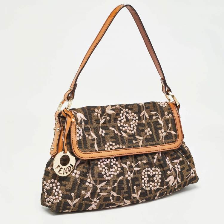 Pre Owned Fendi Tobacco Zucca Canvas and Patent Leather Embroidered Chef Shoulder Bag