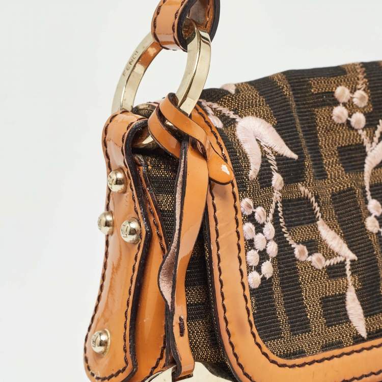 Pre Owned Fendi Tobacco Zucca Canvas and Patent Leather Embroidered Chef Shoulder Bag