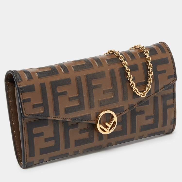 Pre Owned Fendi Tobacco Zucca Embossed Leather Flap Wallet on Chain